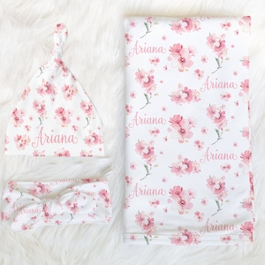 Cherry Blossom Swaddle Blanket Headband Hat Set -Personalized Baby Shower Gift - Hospital Newborn Photos - Personalized Baby Girl Blanket