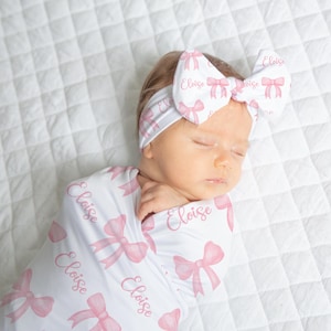 Pink Bow Swaddle set-  Personalized Baby Girl Swaddle Blanket Headband Set -Coquette Aesthetic Baby Blanket - Girly Coming Home outfit SW587