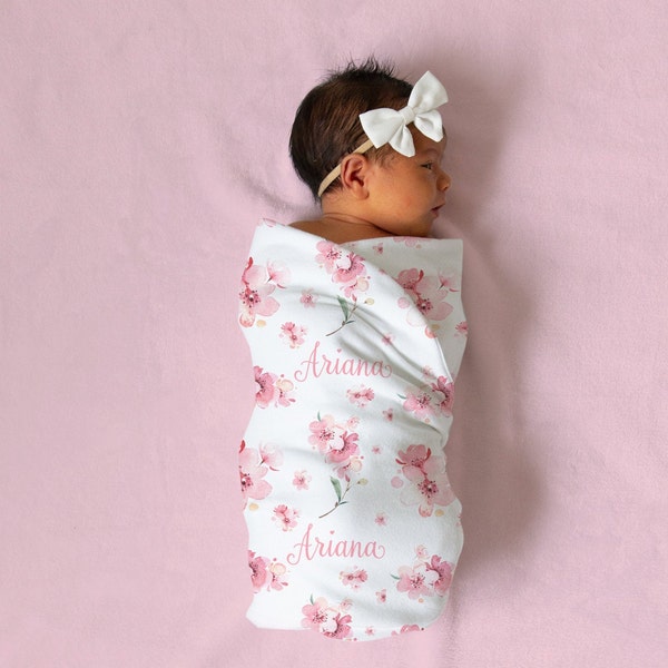 Cherry Blossom Swaddle Blanket Hoofdband Hat Set -Gepersonaliseerde Baby Shower Gift - Ziekenhuis Pasgeboren Foto's - Gepersonaliseerde Baby Girl Blanket