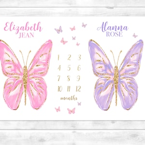 Twin Girls Milestone Blanket, Butterfly Baby Month Blanket, Personalized Baby Shower Gift for Twin Girls, Personalized Blanket
