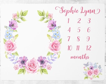 Manta de hitos para bebé niña, manta de mes de bebé con corona floral, regalo personalizado para baby shower, seguimiento del crecimiento y la edad, regalo para nueva mamá