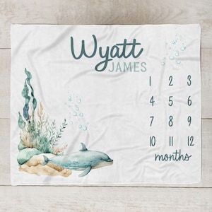 Ocean Milestone Blanket Boy, Personalized Baby Boy Blanket, Dolphin baby Month Blanket, Under The Sea Blanket, Baby Shower Gift SM564