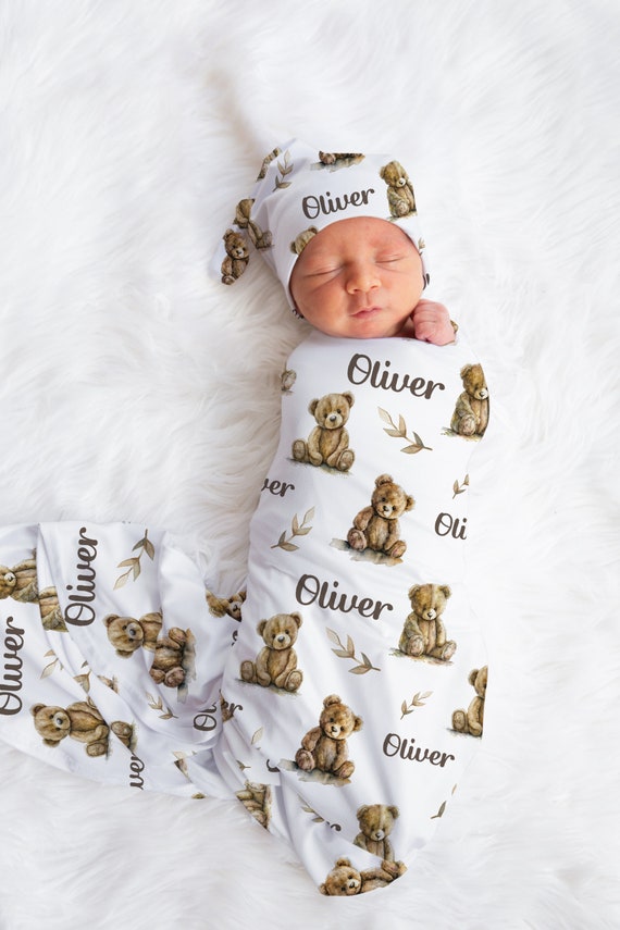Personalized swaddle and hat set boy sale