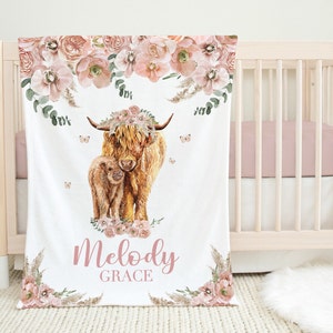 Hochland Kuh Decke - Personalisierte Baby Mädchen Decke - Blush Boho Floral Highland Kuh Namen Decke - Name offenbaren -Baby Girl Dusche Geschenk-542