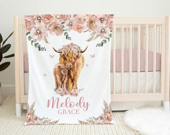 Highland Cow Blanket- Personalized Baby Girl Blanket -Blush Boho Floral Highland Cow Name Blanket- Name Reveal  -Baby Girl Shower Gift- 542