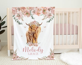 Hochland Kuh Decke - Personalisierte Baby Mädchen Decke - Blush Boho Floral Highland Kuh Namen Decke - Name offenbaren -Baby Girl Dusche Geschenk-542