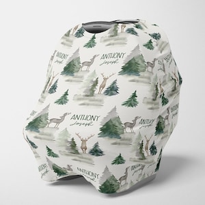 Dosel de asiento de coche Woodland Animal, cubierta de asiento de coche elástico con árboles de astas de ciervo, cubierta de asiento de coche personalizada, nombre de dosel de asiento de coche de niño A535