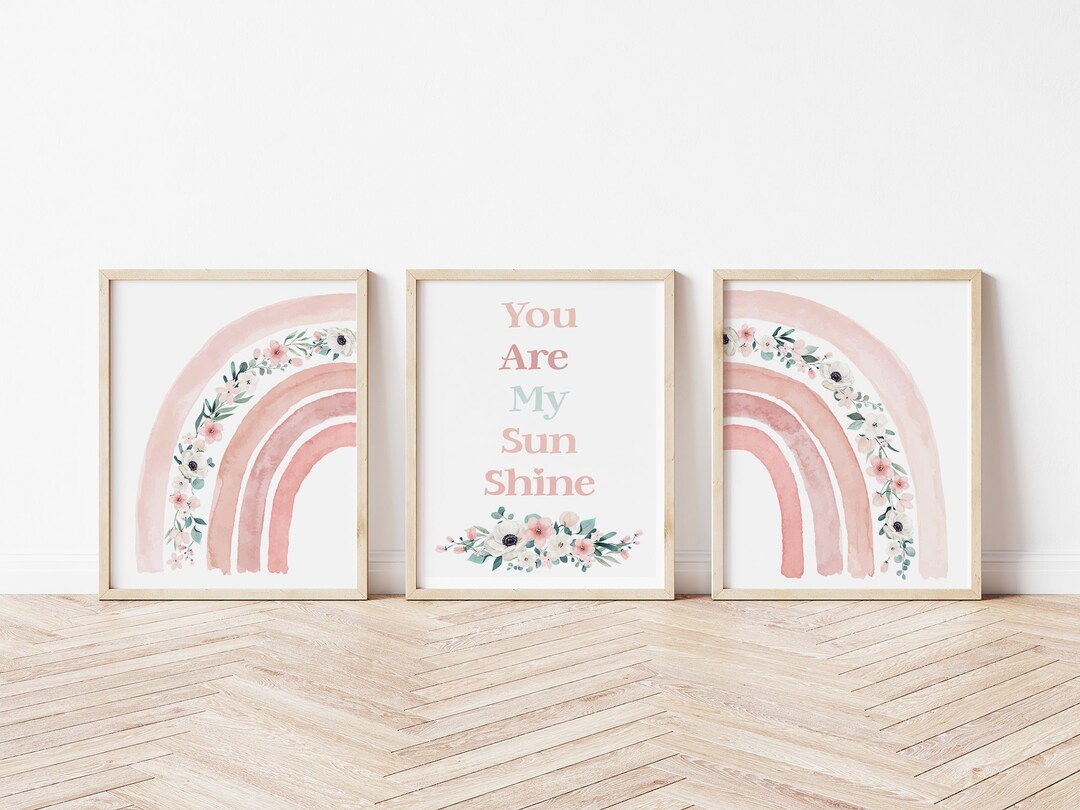 Baby Girl Floral Rainbow Nursery Wall Art, Boho Floral Rainbow Art Set ...