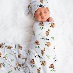 Sloth Swaddle Blanket Hat Set -Custom Baby Shower Gift- Hospital Name Announcement -Personalized Baby Boy Blanket with Sloths -SW539