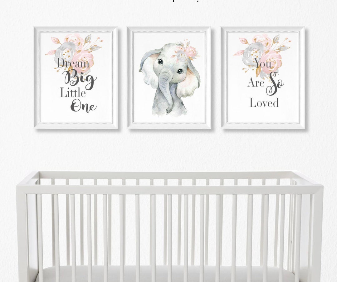 Baby Girl Elephant Nursery Wall Art, Set of 3 Printable Personalized ...