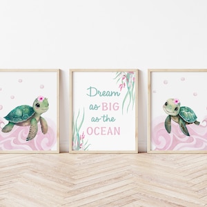 Baby Girl Sea Turtle Art Prints - Set of Three Ocean Nursery Prints- Baby Girl Ocean Nursery Wall Art - Under the Sea Nursery Decor A562