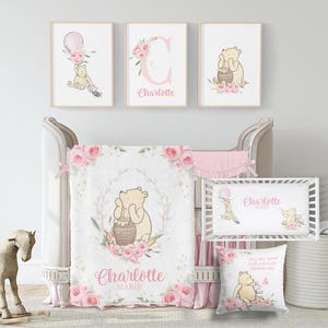 Winnie-the-Pooh Crib Bedding Set Girl, Baby Girl Crib Bedding, Classic Winnie-the-Pooh Nursery Decor, Pink Floral Bedding Crib Set Gir 606