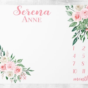 Roze bloemen mijlpaal deken, baby maand deken, baby meisje mijlpaal deken track groei aandenken baby shower cadeau gepersonaliseerde deken
