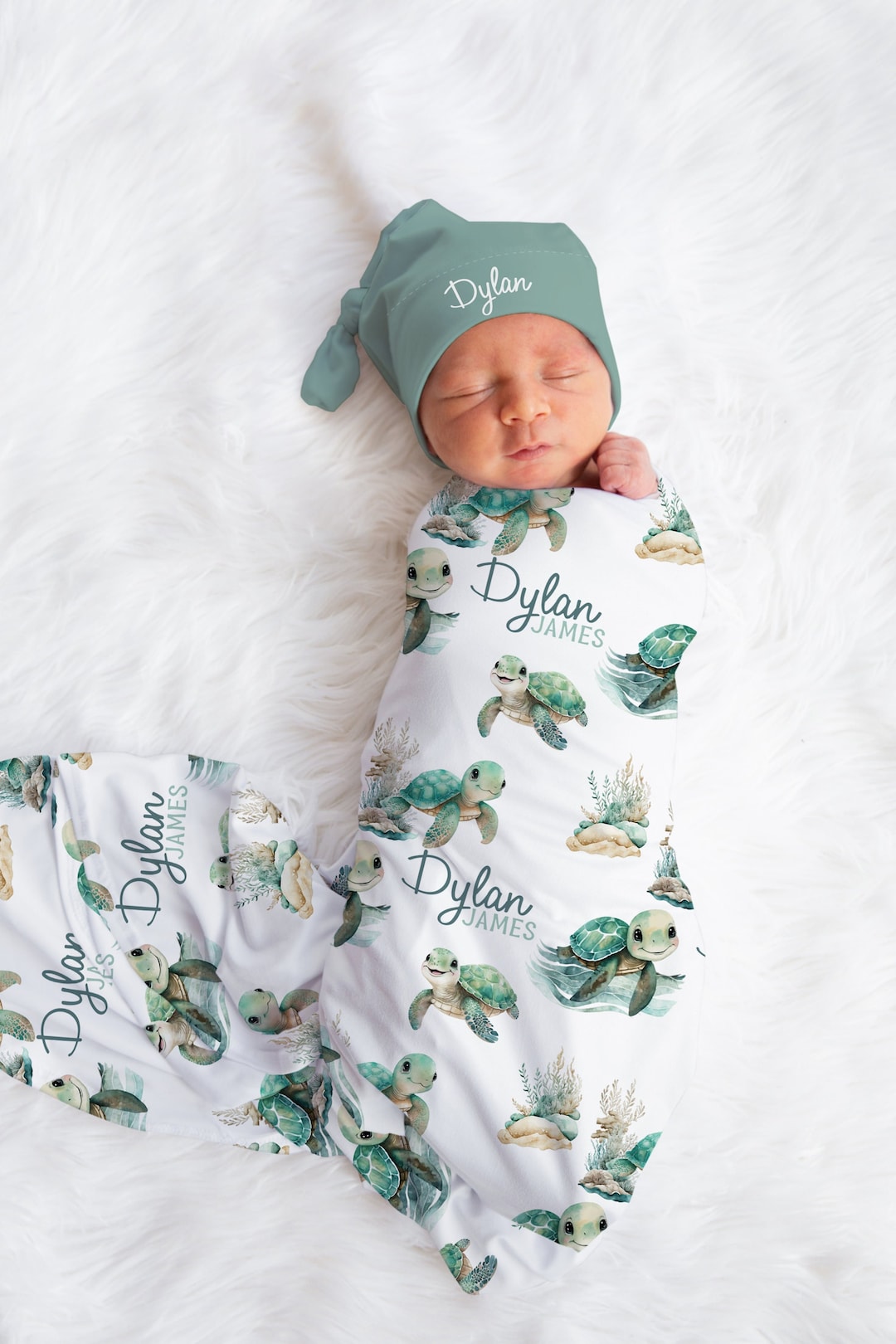 Personalized Sea Turtle Swaddle Set custom Baby Boy Blanket Hat Set