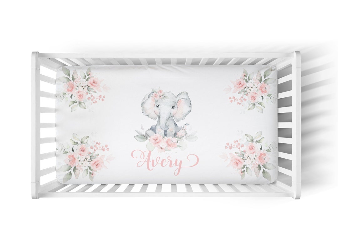 Personalized Elephant Crib Sheet. Soft Pink Floral Nursery Bedding