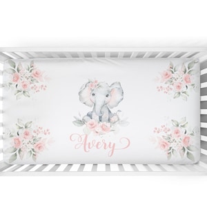Personalized Elephant Crib Sheet. Soft Pink Floral Nursery Bedding Customized Baby Shower Gifts. Elephant Baby Bedding. Elephant Nursery Set