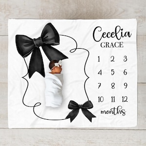 Black Bow Milestone Blanket, Personalized Baby Girl Month Blanket, Custom Baby Girl Baby Shower Gift, Coquette Aesthetic  New Mom Gift SM589