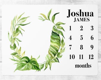 Milestone Blanket, Baby Boy Milestone Blanket with Jungle Leaves, Personalized Baby Boy Blanket- Baby Boy Shower Gift - Newborn photo prop