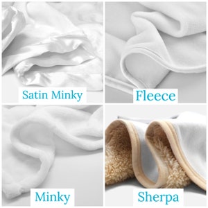 May include: A collage showcasing four different blanket textures: Satin Minky, Fleece, Minky, and Sherpa. Each texture is white, with the Sherpa having a tan interior. Text labels identify each material type.