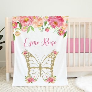 Butterfly Baby Girl Blanket -Personalized Baby Girl Blanket with Butterflies -Floral Butterfly Baby Bedding - Baby Girl Shower Gift-