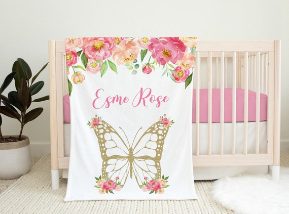 Butterfly Baby Girl Blanket -Personalized Baby Girl Blanket with Butterflies -Floral Butterfly Baby Bedding - Baby Girl Shower Gift-