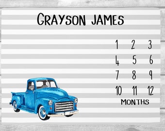 Little Blue Truck Baby Milestone Blanket, Personalized Baby Boy Monthly Tracker Blanket, Personalized Baby Blanket Blue Truck Growth Tracker