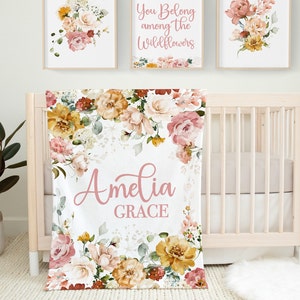 Wild flower Blanket with Name, Personalized Baby Girl Blanket, Custom Toddler Girl Name Blanket, Dusty Rose Gold Floral Baby Blanket  SB905