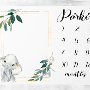 Greenery Meilenstein-Decke Junge, monatlicher Wachstums-Tracker, personalisierte Baby Jungen-Decke, kundenspezifische Elefant-Baby-Decke, Babypartygeschenk
