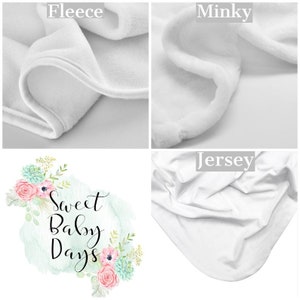 May include: Close-up of three different fabric textures: fleece, minky, and jersey. The text "Sweet Baby Days" is printed on a white background with a watercolor floral design.