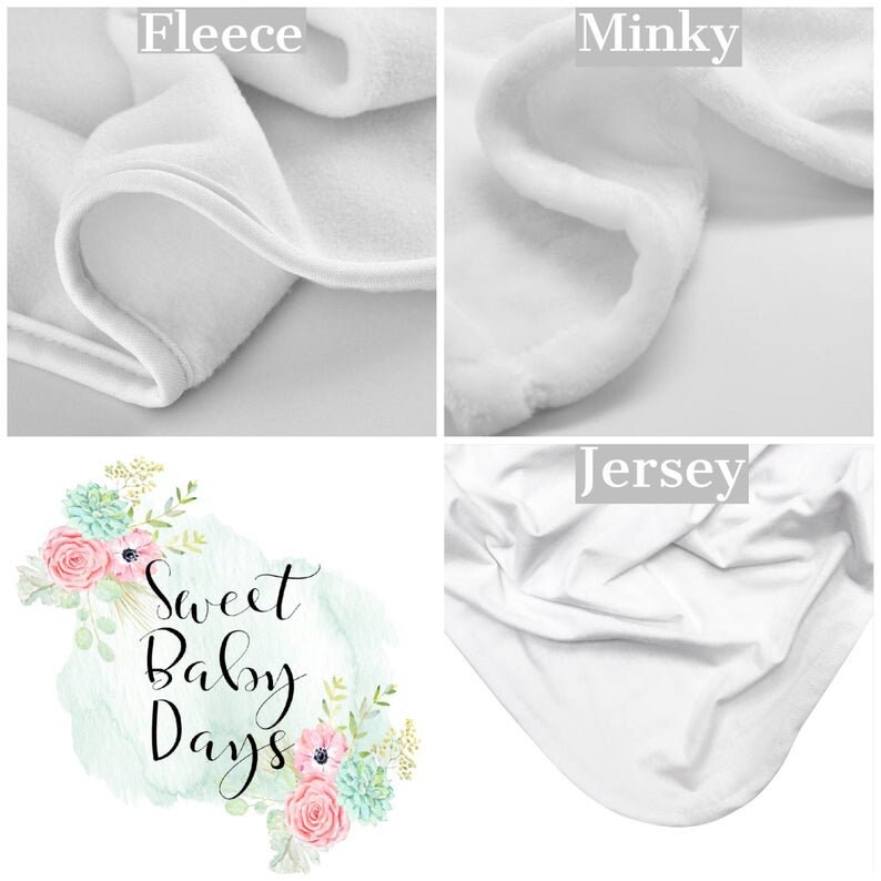 May include: Close-up of three different fabric textures: fleece, minky, and jersey. The text "Sweet Baby Days" is printed on a white background with a watercolor floral design.