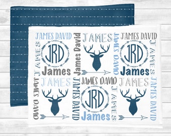 Personalized Baby Blanket. Boy Blanket with Arrows and Deer Antlers.  Boy Baby name blanket. Baby shower gift.