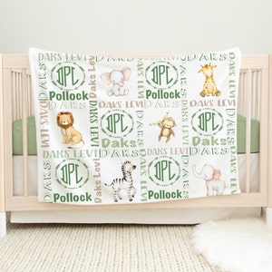 Personalized Safari Blanket- Custom Baby Boy Blanket -Safari Animals Name Blanket - Elephant Baby Shower Gift- Monogrammed Baby Swaddle