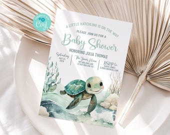 Printable Sea Turtle Baby Shower Invitation - Editable Ocean Themed Baby Shower Invite - Under the Sea Baby Sprinkle -Green Sea Turtle, G561