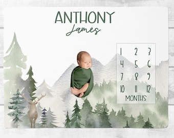 Mountains Baby Milestone Blanket Boy, Woodland Milestone Blanket, Personalized Baby Blanket,  Month Blanket, Adventure Boy Blanket SM535