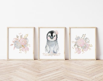 Bloemen pinguïn kunst aan de muur - set van 3 blush bloemsierkunst prints, pinguïnkunst, pinguïnkunst meisje, decoratie pinguïn kinderkamer, aangepaste pinguïnprints