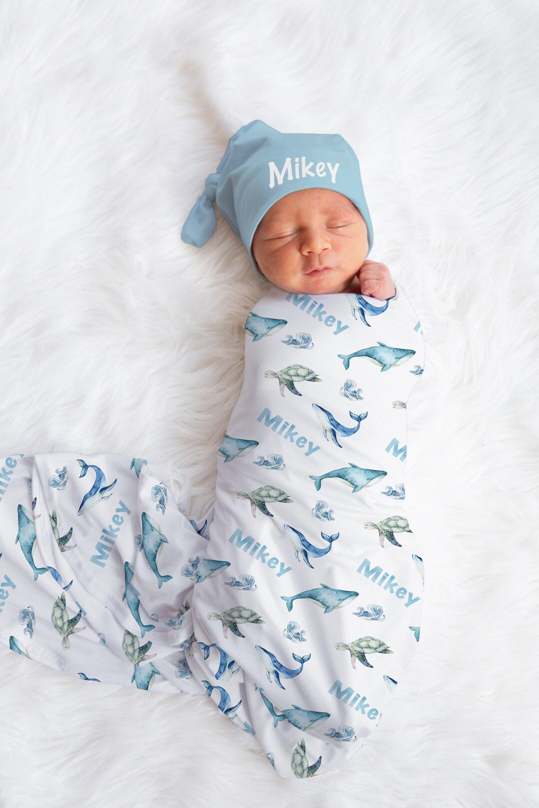 Baby Boy Swaddle Blanket Hat Set - Under the Sea Baby Shower Gift ...