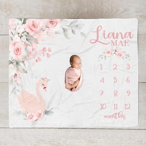 Baby Girl Milestone Blanket, Floral Swan Baby Month Blanket,  Baby Growth Tracker Blanket, Personalized Baby Girl Blanket New Mom Gift sm586