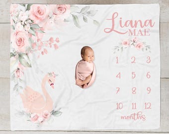 Baby Girl Milestone Blanket, Floral Swan Baby Month Blanket,  Baby Growth Tracker Blanket, Personalized Baby Girl Blanket New Mom Gift sm586