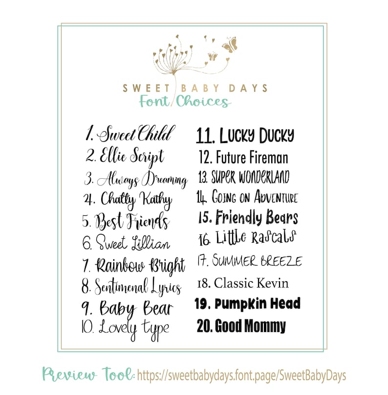 Puede incluir: Un fondo blanco con texto negro que enumera 20 opciones de fuentes diferentes para el nombre de un beb&eacute;. El texto dice "Sweet Baby Days Font/Choices" y enumera los nombres de las fuentes con los n&uacute;meros del 1 al 20. El texto tambi&eacute;n incluye un enlace a una herramienta de vista previa: https://sweetbabydays.font.page/SweetBabyDays