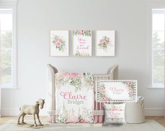 Zachtroze bloemen wieg beddengoed set - gepersonaliseerde babydeken met blush bloemen groen - babybedje wieg beddengoed - bloemen kinderkamerset