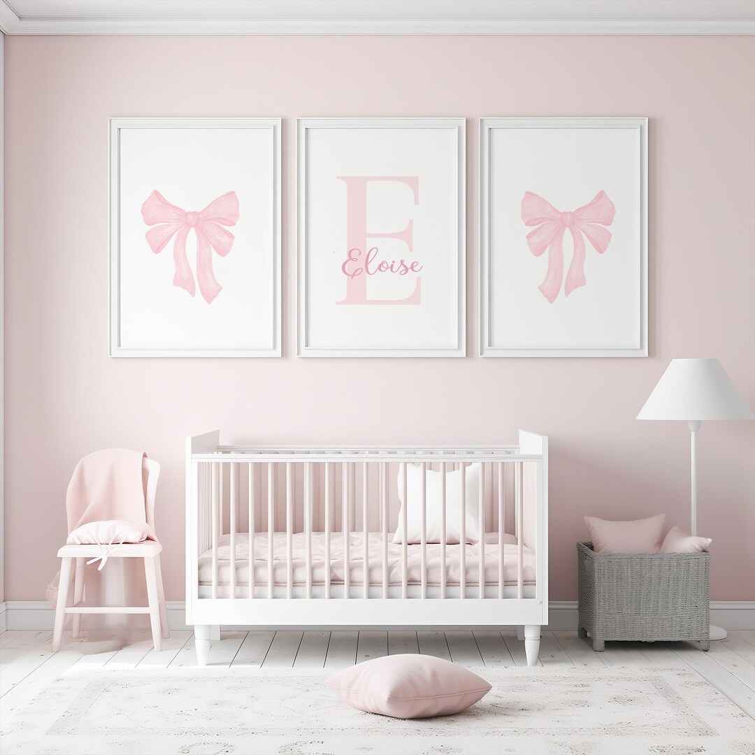 Personalized Pink Bow Art Prints - Set of Three Baby Pink Bow Prints ...