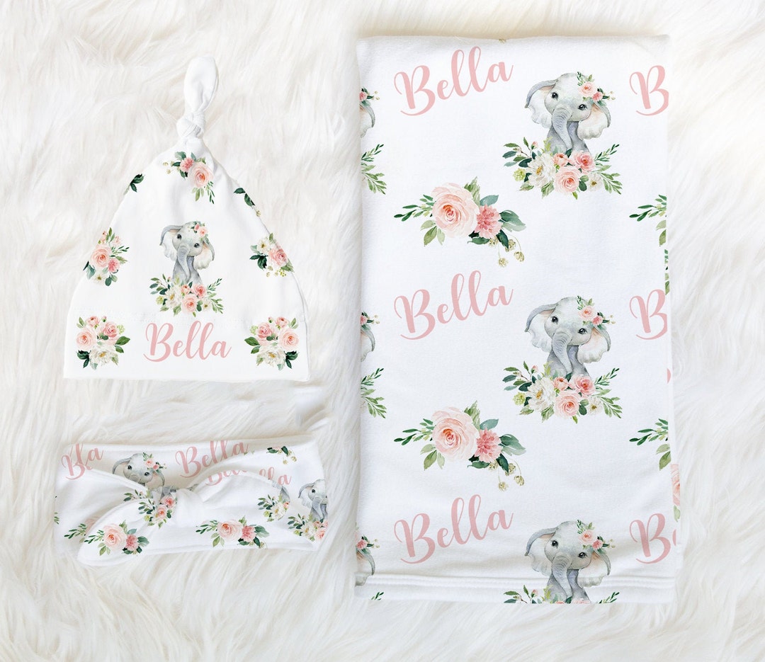 Blush Floral Elephant Swaddle Blanket Headband Hat Set Etsy