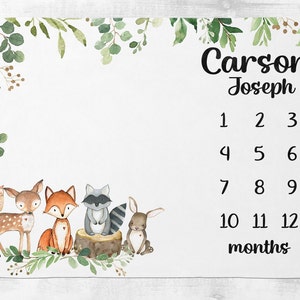 Baby Boy Milestone Blanket -Personalized Baby Boy Blanket- Baby Growth Tracker Woodland Animals Blanket Baby Shower Gift  Month Blanket -546