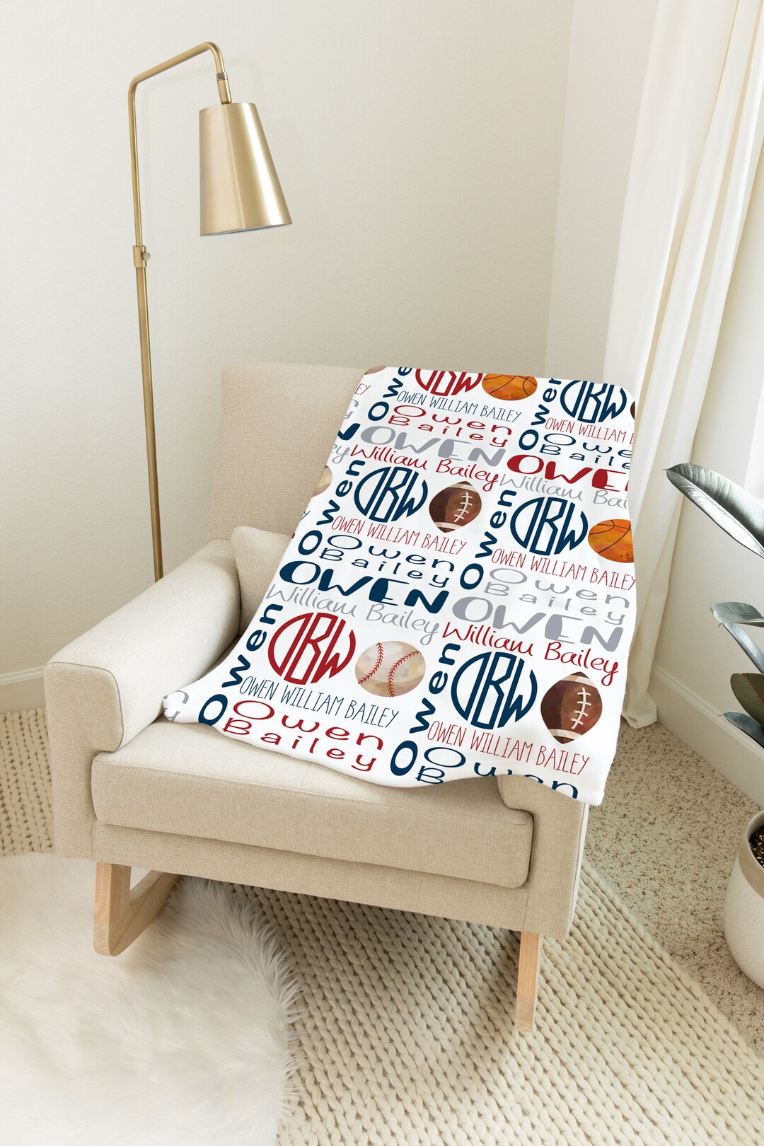 Personalized Baby Boy Blanket, Sports Baby Blanket, Monogrammed Baby