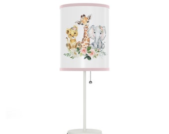 Floral Safari Animal Lamp. Baby Girl Safari Animal Nursery. Baby Shower Gift. Elephant Lamp. Blush Floral Bedroom with Safari Animals