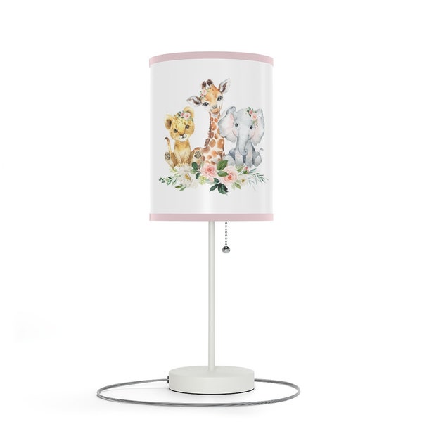 Floral Safari Animal Lamp. Baby Girl Safari Animal Nursery. Baby Shower Gift. Elephant Lamp. Blush Floral Bedroom with Safari Animals