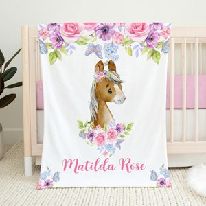 Personalized Baby Girl Blanket - Horse Baby Blanket with Name - Baby Name Blanket -Baby Shower Gift- Personalized Farm Baby Bedding