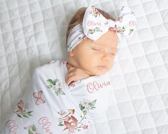 Wildflower Butterfly Swaddle set Personalized Baby Girl Swaddle Blanket Headband Set -Nature Baby Mushroom Blanket -Coming Home outfit SW600