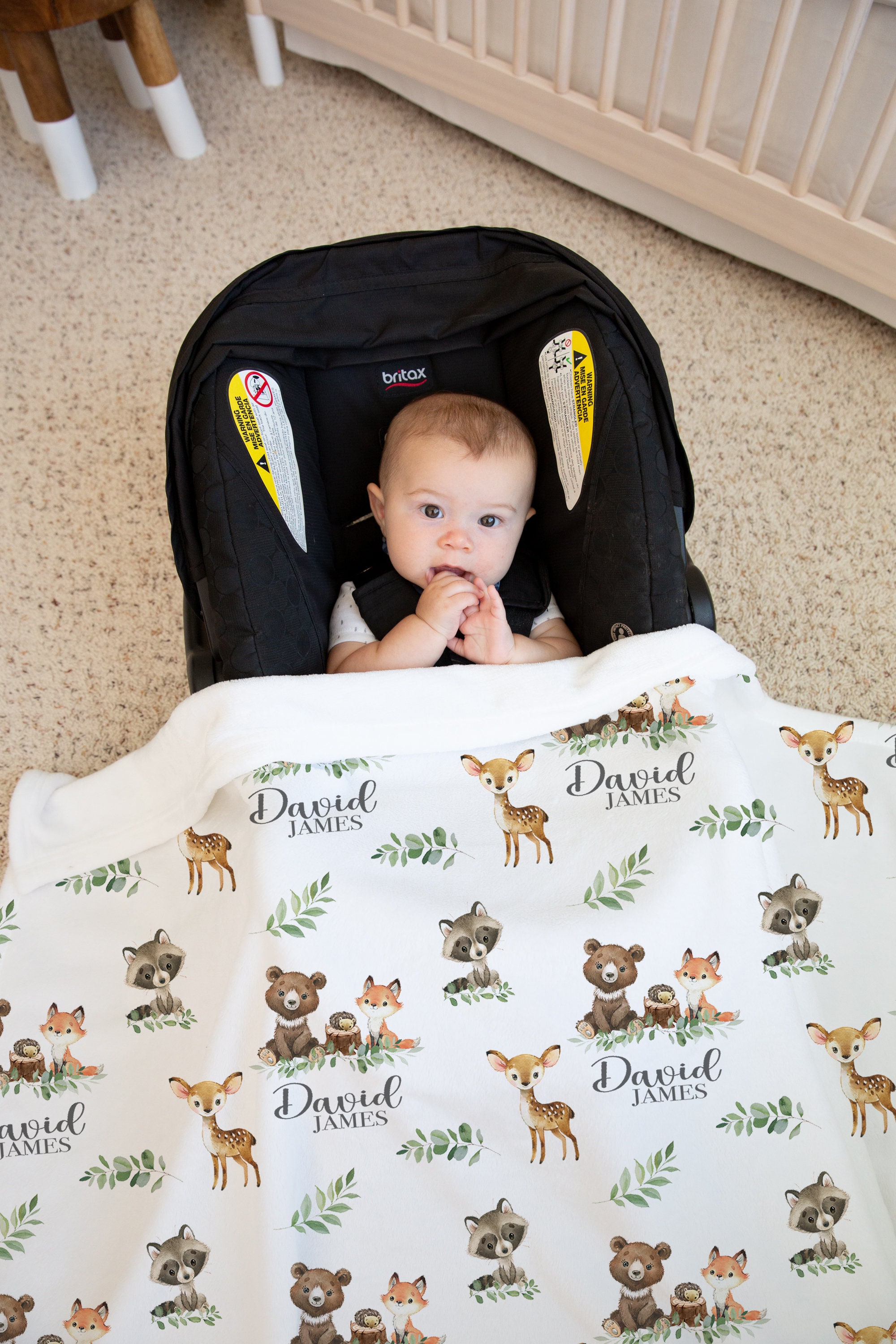 Woodland Swaddle set -Personalized Baby Boy Blanket Hat Set -Woodland Baby Shower Gift  -Forest Animal Blanket -Hospital Home Outfit -S568