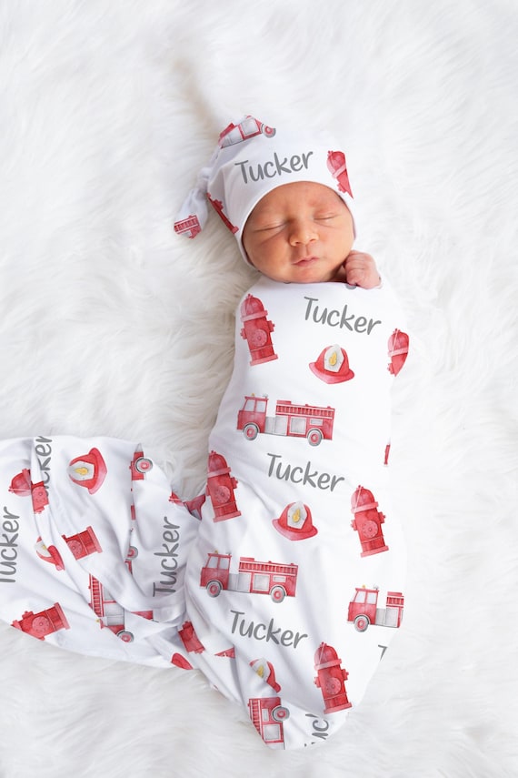 Personalized Firetruck Swaddle set- Custom Firefighter Blanket Hat Set - Baby Shower Gift for Firefighter -Hospital Name Announcement -SW109